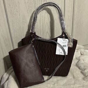 Nine West Dark Brown Quilted Tote and Pouch Set